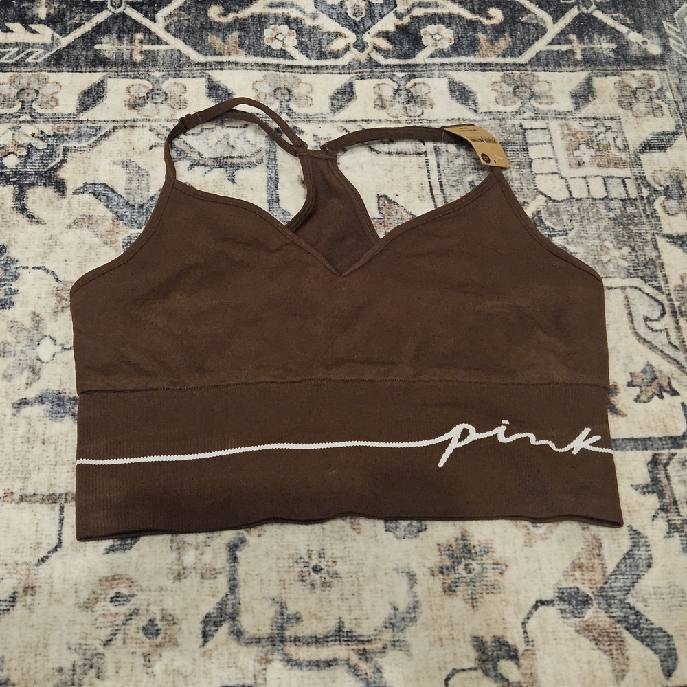 PINK Victoria Secret NWT Seamless Medium Brown Sports Bra with Pink Logo